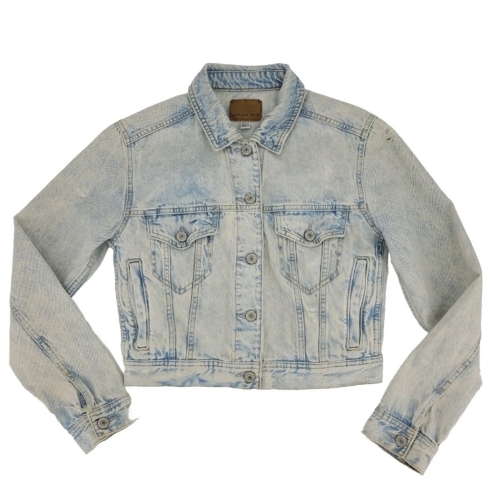 🔥 AE Light Acid Wash Crop Jean Jacket | Distressed Denim - S 🔥